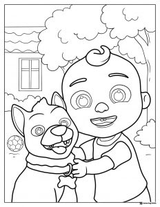 Cocomelon baby hugging a dog coloring page