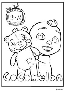 Cocomelon baby hugging a teddy bear coloring page