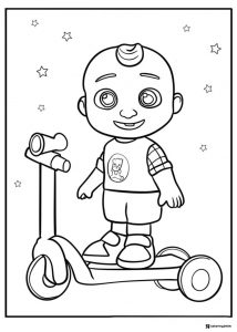 Cocomelon baby riding a scooter coloring sheet