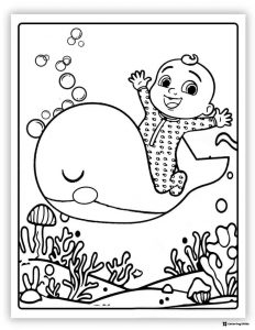 Cocomelon baby riding a whale coloring page