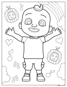 Cocomelon baby with music notes and rainbow coloring page