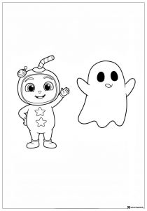 Cocomelon character and friendly ghost coloring page