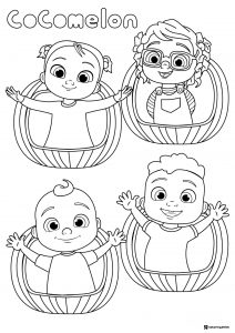 Cocomelon characters in baskets coloring sheet
