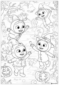 Cocomelon kids in witch hats for Halloween coloring page