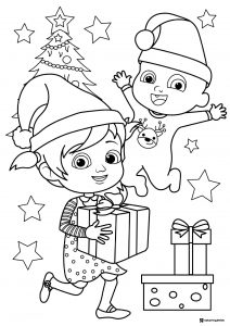 Cocomelon kids with Christmas gifts and tree coloring sheet