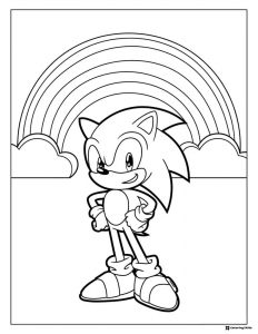 Confident Sonic Coloring Page with Rainbow and Clouds
