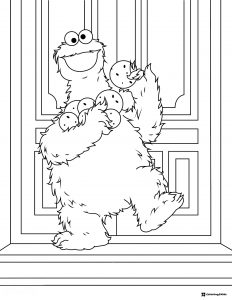 Cookie Monster with many cookies coloring sheet