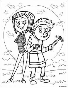 Coraline and Wybie under full moon Coloring Page