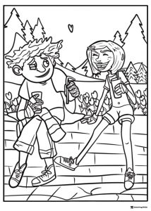 Coraline and Wybie with drinks Coloring Page
