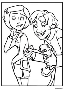 Coraline and Wybie with kitten Coloring Page