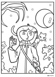 Coraline and cat at night Coloring Page