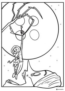 Coraline and cat on branch with key Coloring Page