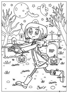 Coraline in graveyard with pumpkins Coloring Page