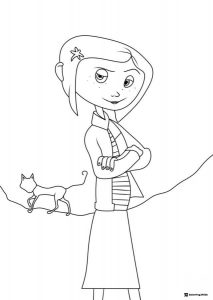 Coraline with arms crossed and cat Coloring Page