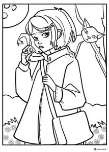 Coraline with cat and moon Coloring Page