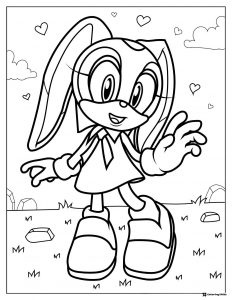 Cream the Rabbit Smiling Coloring Page with Hearts and Clouds