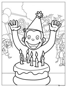 Curious George Birthday Party Coloring Page with Cake