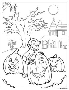 Curious George Halloween Coloring Page with Pumpkins