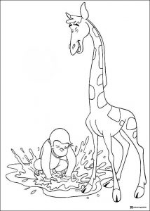 Curious George and giraffe in water coloring page