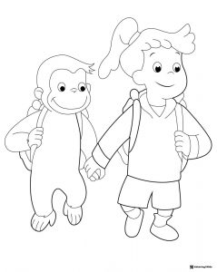 Curious George and girl with backpacks coloring page