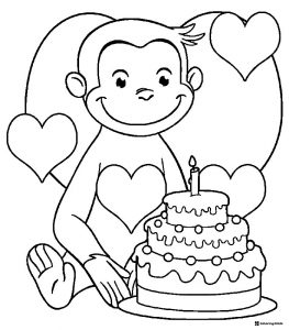 Curious George birthday cake coloring page with hearts