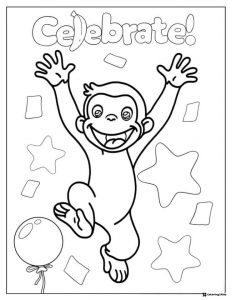 Curious George celebrate coloring page with stars