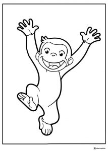 Curious George coloring page jumping with arms up