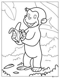 Curious George coloring page peeling banana outdoors