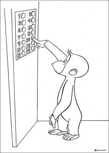 Curious George coloring page pushing elevator button