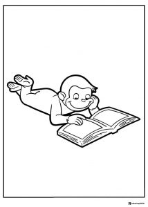 Curious George coloring page reading a book