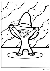 Curious George coloring sheet holding a big hat