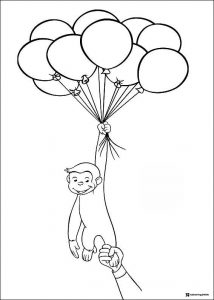 Curious George coloring sheet holding balloons