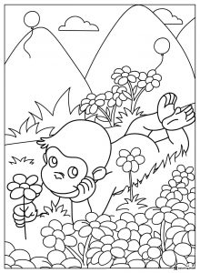 Curious George coloring sheet picking flowers