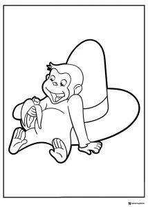 Curious George eating banana by hat coloring sheet