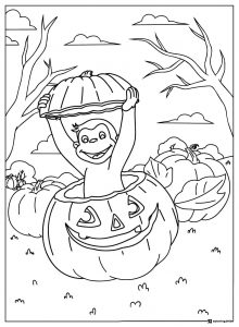 Curious George in pumpkin Halloween coloring page