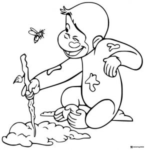 Curious George playing with a stick and bee coloring page