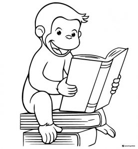 Curious George reading a book on books coloring page