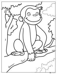 Curious George sitting on a tree branch coloring page