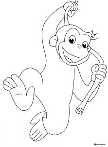 Curious George swinging from a vine coloring page