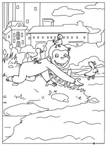 Curious George with ducks by a pond coloring page
