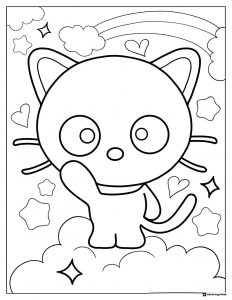 Cute Cat Waving Coloring Page with Rainbow and Stars 1