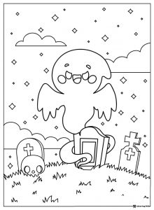 Cute Ghost Coloring Page in Graveyard with Clouds