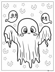 Cute Ghost Coloring Page with Smaller Ghosts and Stars