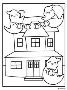 Cute Ghosts Decorating a House Coloring Page