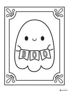 Cute ghost holding a Boo banner coloring sheet