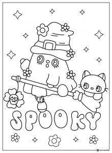 Cute ghost witch with cat on broom coloring page