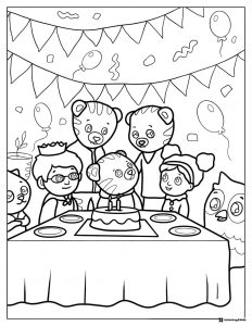 Daniel Tigers birthday Coloring Page with friends and cake