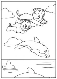 Daniel and Margaret Tiger Coloring Page flying with a dolphin