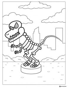 Dinosaur skeleton in city Dr. Seuss style coloring page