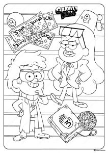 Dipper and Mabel dressed up with money and book